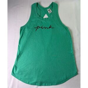 Victoria's Secret PINK Tank Top Green Script Logo Open Back Racerback Small S